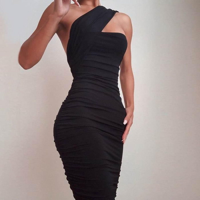 Black One Shoulder Draw Pleated Skinny Dress - Magellan Fashion Shop