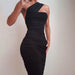 Black One Shoulder Draw Pleated Skinny Dress - Magellan Fashion Shop