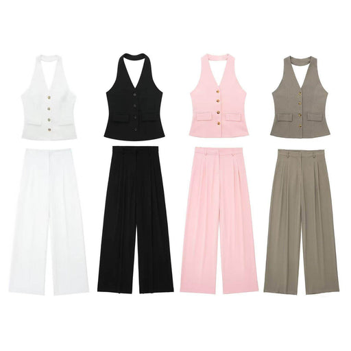 Pleated Wide Leg Pants Backless Hanging Collar Vest - Magellan Fashion Shop