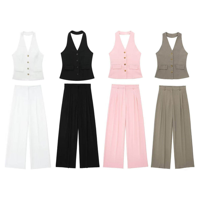 Pleated Wide Leg Pants Backless Hanging Collar Vest - Magellan Fashion Shop