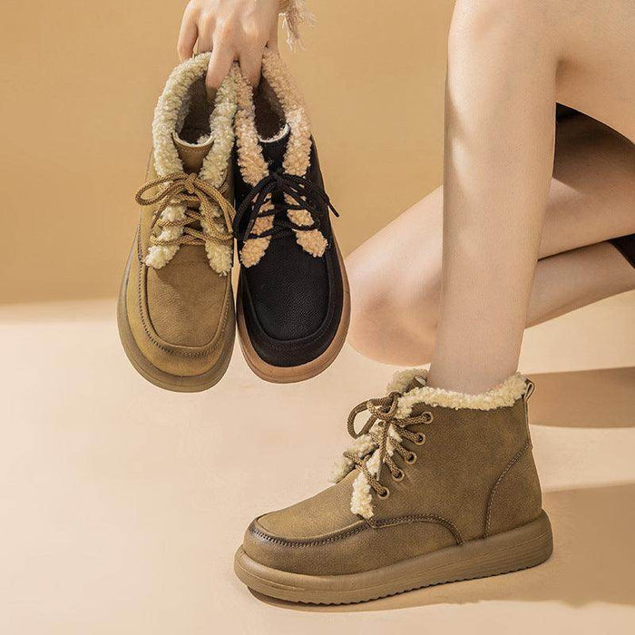 Lace-up Plush Snow Boots Winter Warm Fleece Flat Shoes For Women Fashion Casual Ankle Boot - Magellan Fashion Shop