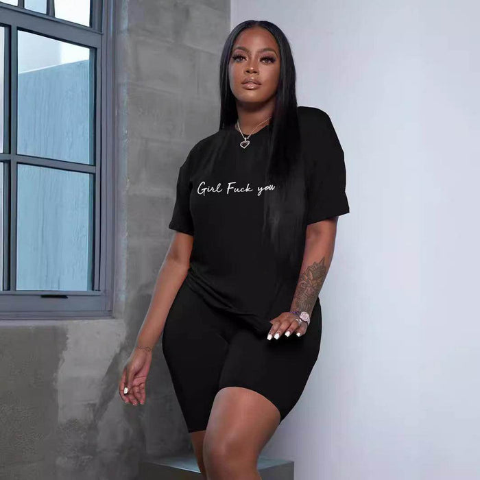 Women's Printed Sports Letter Print Short-sleeve Shorts Casual Two-piece Suit - Magellan Fashion Shop