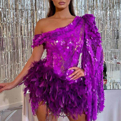Sequined Feather Skirt One-shoulder Sleeve Short Dress Luxury Party Stage Performance Dress - Magellan Fashion Shop