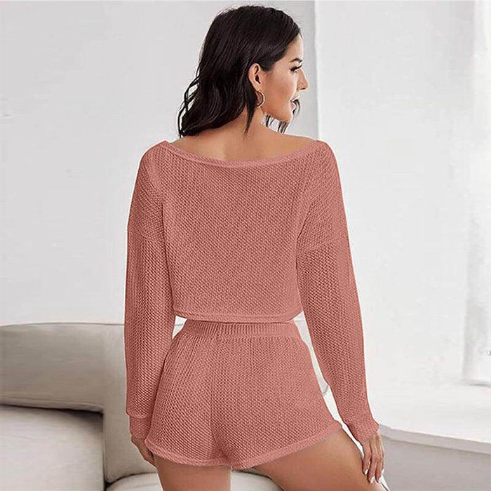 Pajamas Off-shoulder Top Shorts Breathable Waffle Casual Homewear Suit - Magellan Fashion Shop