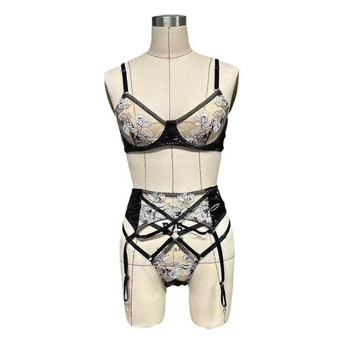 Seductive Embroidered Lace Leather Black Bra Garter Three-piece Set - Magellan Fashion Shop