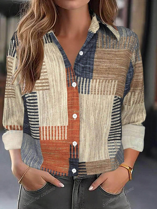 Color Block Button Print Long Sleeve Casual - Magellan Fashion Shop