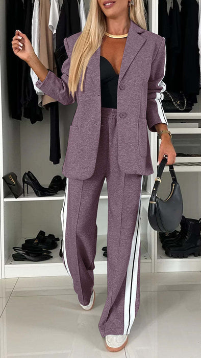 Women's Casual Suit Lapel Single-breasted Jacket And Striped Straight Pants