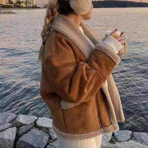 Lapel Woolen Coat With Pockets Winter Fashion Loose Suede Short Top Women's Clothing - Magellan Fashion Shop