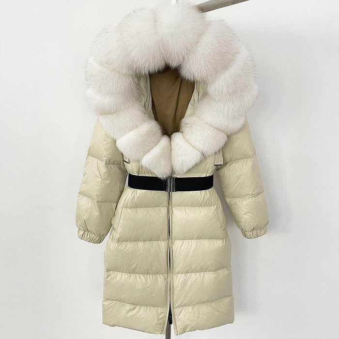 Women's Long Cinched Hoodie Real Fox Collar Fur Down Jacket Coat - Magellan Fashion Shop