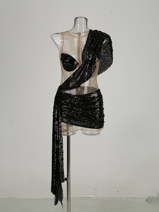 Sexy See-through Sequins  Shoulder Stitching Dress