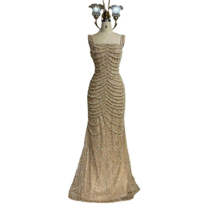 Nude Elegant Sling Light Luxury High-end Pearl Beaded Dress - Magellan Fashion Shop