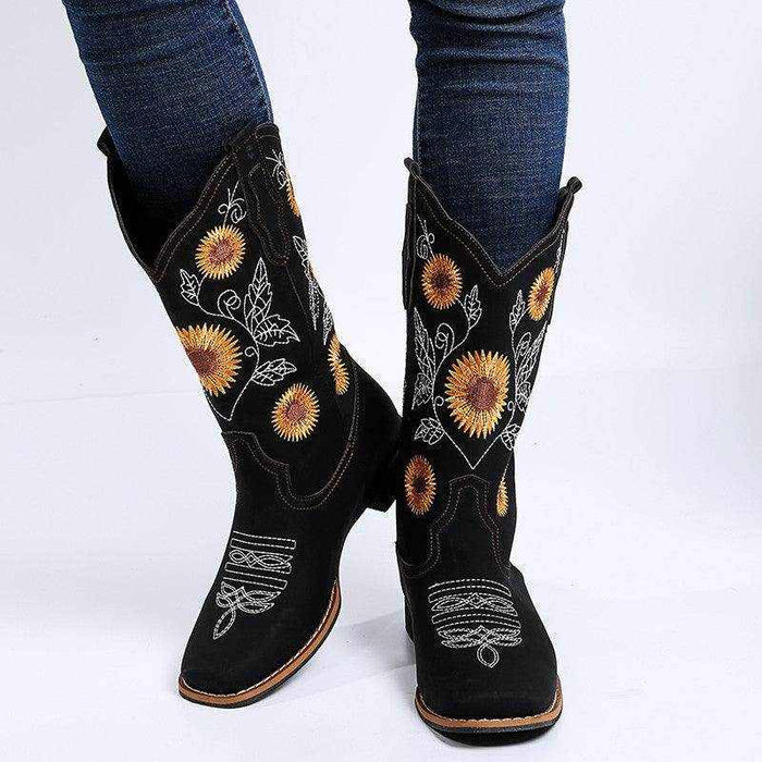 Cowboy Boots Women Sunflower Embroidery Shoes Low Heel Western Boot - Magellan Fashion Shop