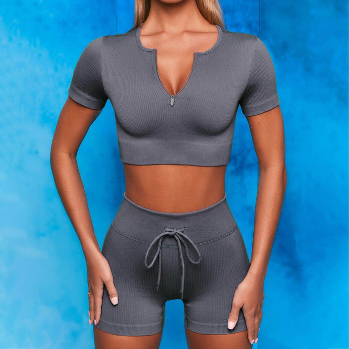 Women Short-sleeved Shorts Yoga Clothing Suit Seamless Zipper Vertical Stripes Sports Fitness - Magellan Fashion Shop