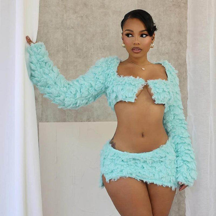 Wrapped Chest Long Sleeve Furry Coat Skirt Outfit - Magellan Fashion Shop