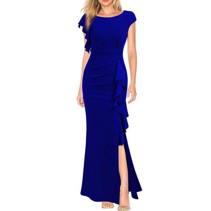 High Waist Slit Dress Elegant Fashion Round Neck Commuting Style Dress Evening Party Dress - Magellan Fashion Shop