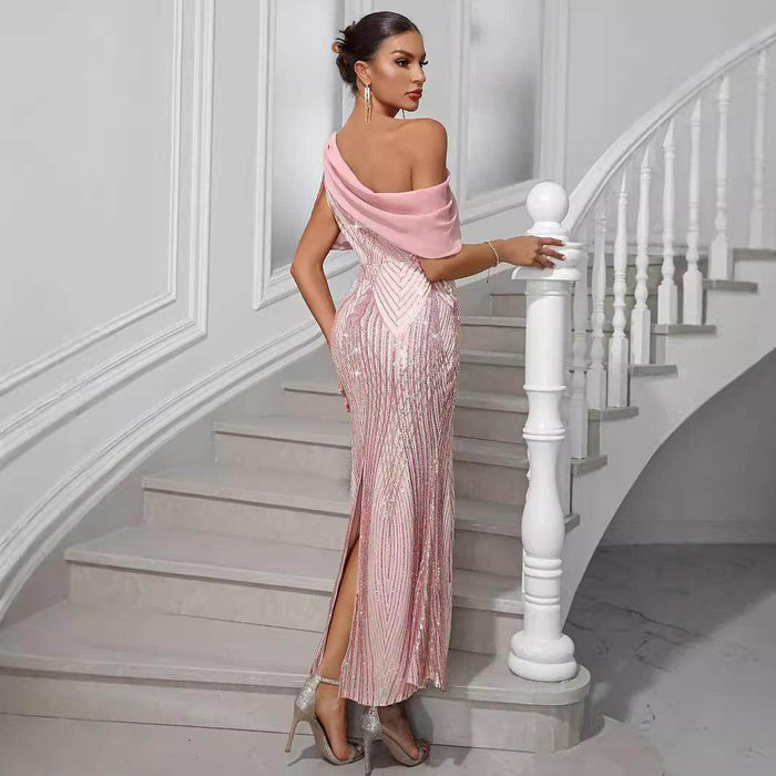 Dress One-shoulder Chiffon Stitching Sequined Dress - Magellan Fashion Shop