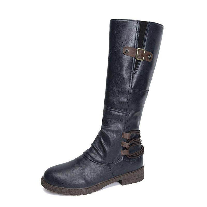 Fashion Casual Round Toe Square Heel Women's High-top Fashion Leather Boots - Magellan Fashion Shop