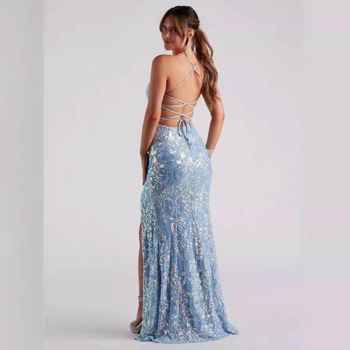 Off-neck Sequined Floor-length Evening Elegant Slit Banquet Party Dress - Magellan Fashion Shop