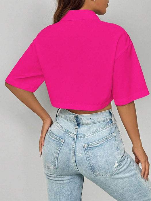 Shoulder Pocket Patched Crop Shirt Short Sleeve Tops - Magellan Fashion Shop
