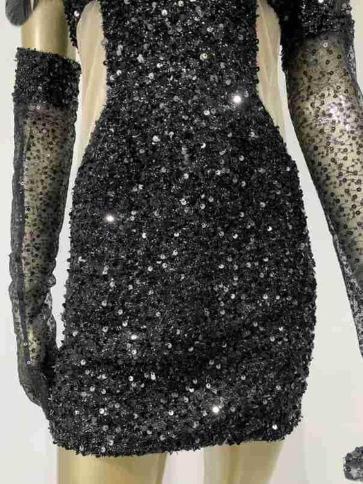 Dress Halter Feather Sequins Short Hip Skirt With Gloves Dress - Magellan Fashion Shop