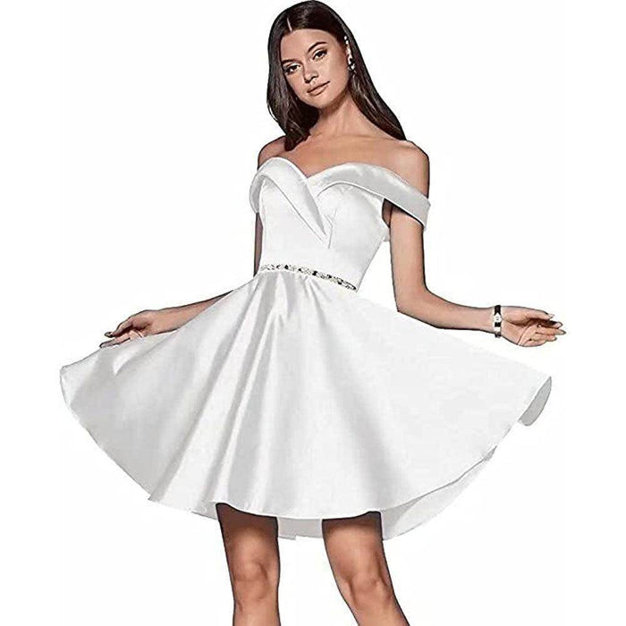 Short Beaded Satin A- Line Evening Gown Ball Gown - Magellan Fashion Shop
