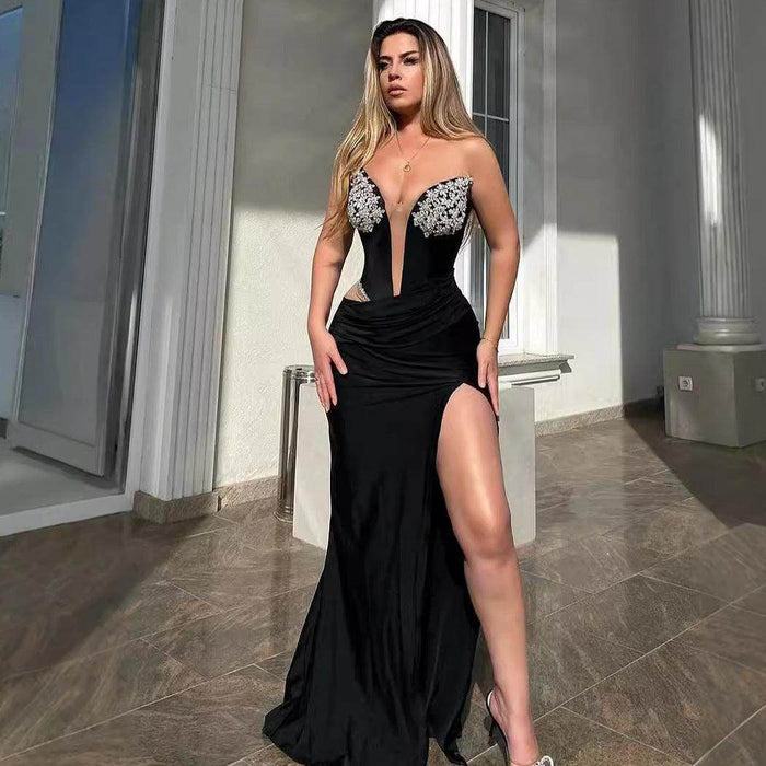 Women's Black Bandeau Slim-fit Hot Drilling Long Dress - Magellan Fashion Shop