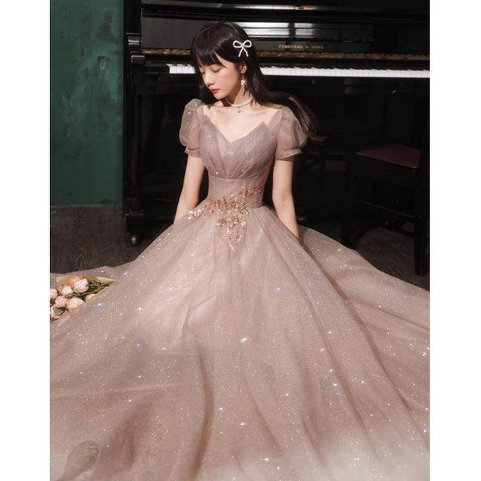 HOOR Women Luxury Puff Sleeve Backless Shiny Prom Gown - Magellan Fashion Shop