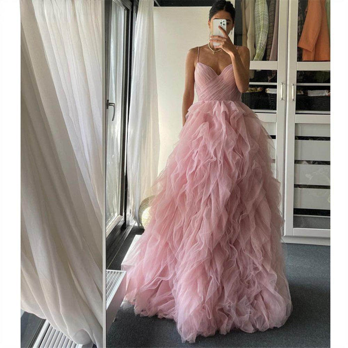 Evening Gown Prom Irregular Spaghetti-strap Mesh Long Dress - Magellan Fashion Shop
