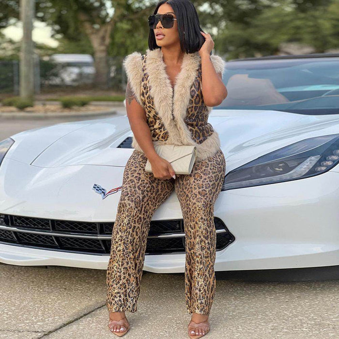 Women's Casual Leopard Print Sequined Two-piece Suit - Magellan Fashion Shop