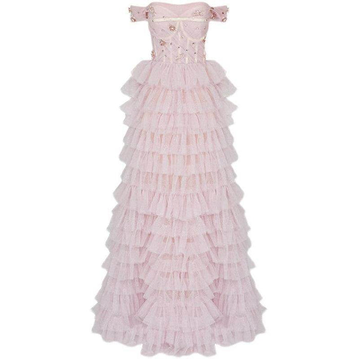 One-line Shoulder Wipe Chest Studded Beaded Cake Skirt Pink Wedding Dress - Magellan Fashion Shop