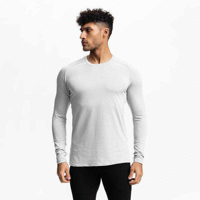 Men's tight fast drying fitness long sleeved pullover T-shirt in black and white polyester