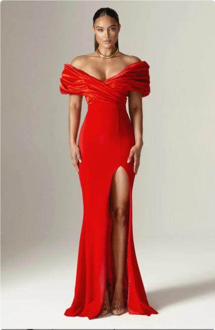 Women's Off-shoulder Split Ruffle Hip Dress - Magellan Fashion Shop