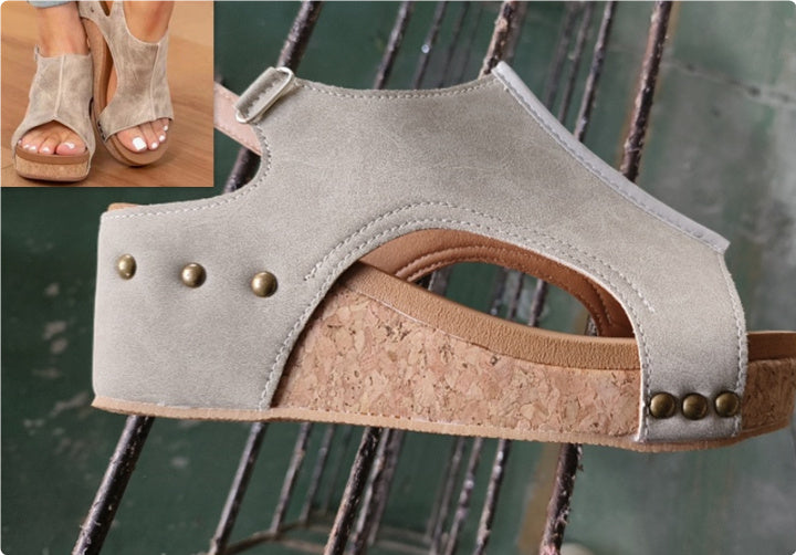 Women's Wedge Peep Toe Platform Rivet Sandals - Magellan Fashion Shop