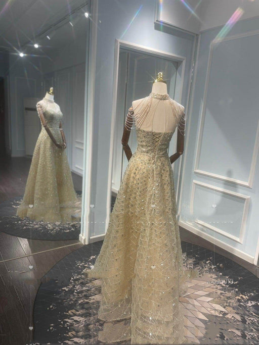 Golden Neck Hanging Light Luxury Evening Dress - Magellan Fashion Shop