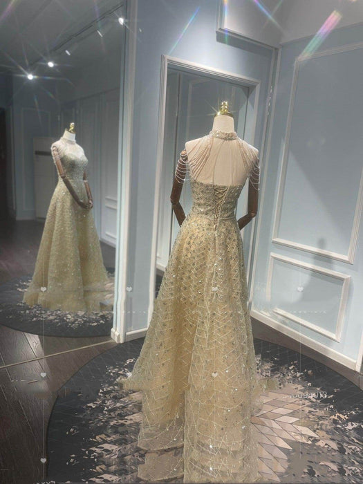 Golden Neck Hanging Light Luxury Evening Dress - Magellan Fashion Shop