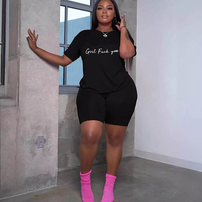 Women's Printed Sports Letter Print Short-sleeve Shorts Casual Two-piece Suit - Magellan Fashion Shop