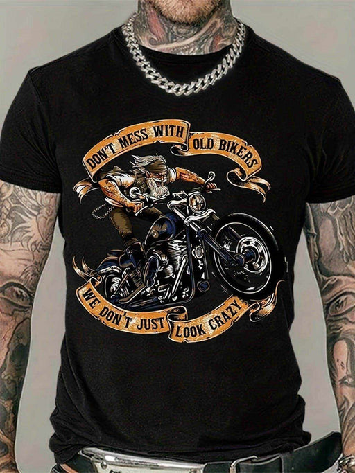 Large men's motorcycle old man pattern printed T-shirt with short sleeves and round neck, suitable for tall and strong men.