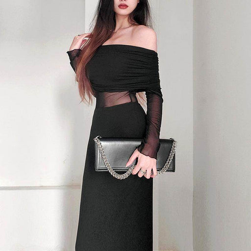 Women's Winter Sexy Off-the-shoulder Pleated Long Sleeve Polyester Dress - Magellan Fashion Shop