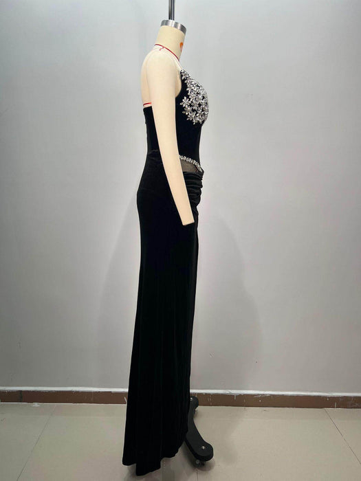 Women's Black Bandeau Slim-fit Hot Drilling Long Dress - Magellan Fashion Shop
