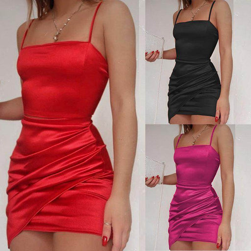 Elegant Sling Pleated Solid Color Dress - Magellan Fashion Shop