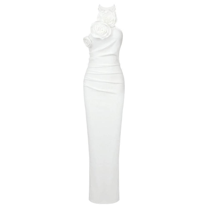 New Style White Ribbon Flower Halter Long Dress - Magellan Fashion Shop