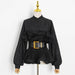 Stand Collar Long Sleeve Pleated Ruffled Sneaky Design Lace-up Top - Magellan Fashion Shop