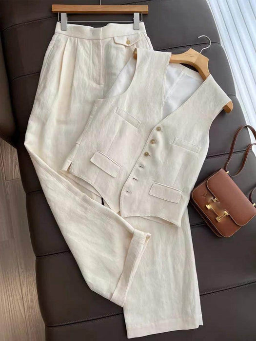 Fashionable Temperament Cotton And Linen Suit Vest Wide Leg Pants Two-piece Set - Magellan Fashion Shop