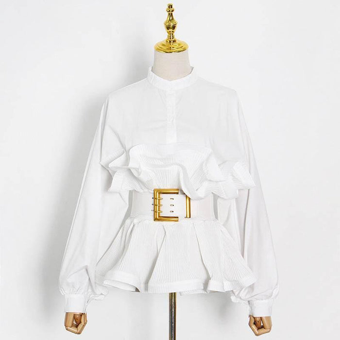 Stand Collar Long Sleeve Pleated Ruffled Sneaky Design Lace-up Top - Magellan Fashion Shop