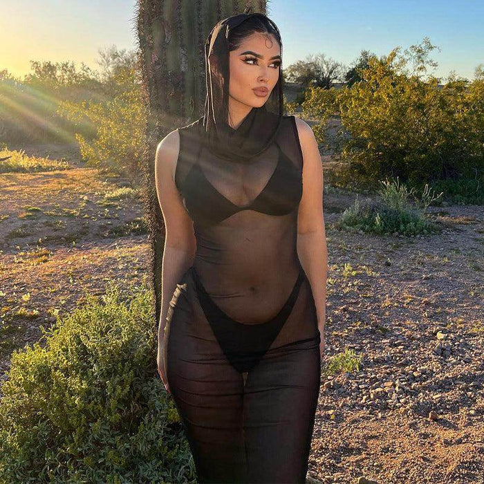 Hooded Mesh See-through Dress - Magellan Fashion Shop