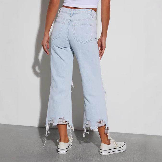 Women's Casual Loose Mid Waist Ripped Cropped Jeans - Magellan Fashion Shop