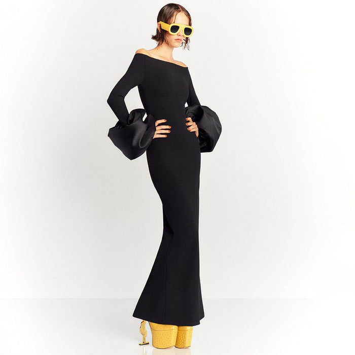 Dress Red And Black Slim-fit Long Sleeve French Lantern Sleeve Dress - Magellan Fashion Shop