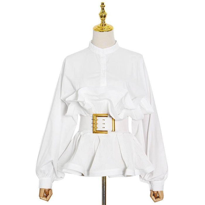 Stand Collar Long Sleeve Pleated Ruffled Sneaky Design Lace-up Top - Magellan Fashion Shop