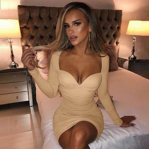 Women's Deep V Tube Top Long Sleeve Slim-fit Pleated Dress - Magellan Fashion Shop
