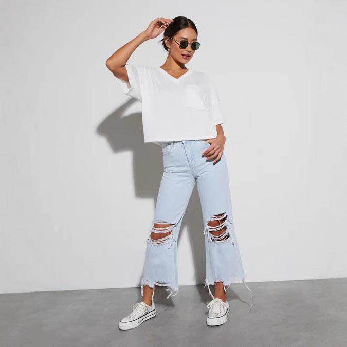 Women's Casual Loose Mid Waist Ripped Cropped Jeans - Magellan Fashion Shop